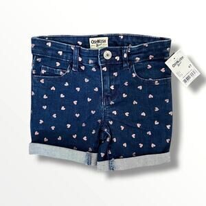 OshKosh B'gosh Denim Shorts Girls 4T Navy Pink Heart Print Stretch Cuffed New